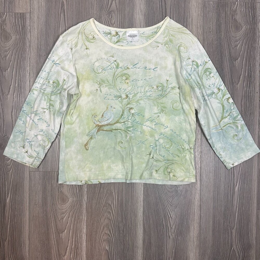 Studio Collection Pastel Green Y2K 3/4 Sleeve Rhinestone Shirt‎ Women’s Size L